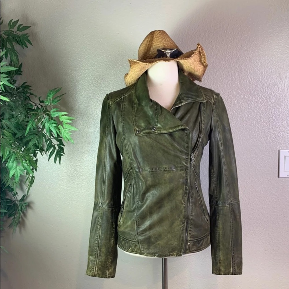 New Abbot Green Zip up Leather Jacket M